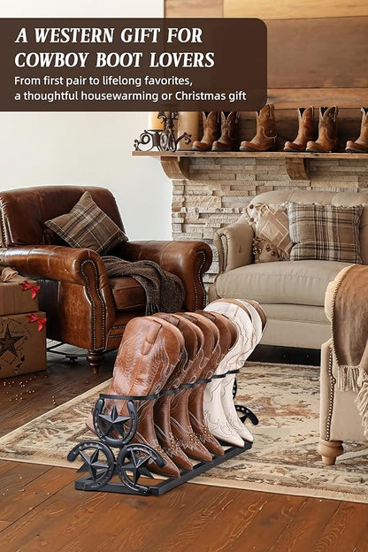 Western Horseshoe Boot Rack, Freestanding Metal Boot Stand for 3 Pairs, Adjustable Cowboy Boot Organizer with Texas Star Ends for Entryway or Mudroom, Gift for Cowboy Boot Lovers, Black
