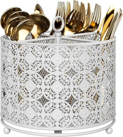 YIUKEA Rotating Utensil Caddy Holder - Higher Raised Cutlery Caddy Countertop - Metal Silverware Caddy Organizer with 4 Compartment for Kitchen Counter Party Office white