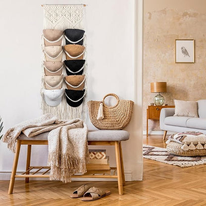 Macrame Hat Hangers for Wall Handmade Boho Baseball Cap Hanger Hand Knitting Cap Organizer Hat Holder for Wall Over Door Ball Hat Rack for Decoration Wardrobe Living Room Bedroom