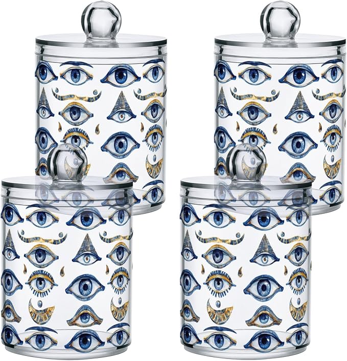 Magical Evil Eye Qtip Holder Dispenser Celestial Suns Moons Stars Bathroom Canister Storage Organization 2 Pack Clear Plastic Apothecary Jars with Lids Vanity Makeup Organizer For Cotton Swab Ball F