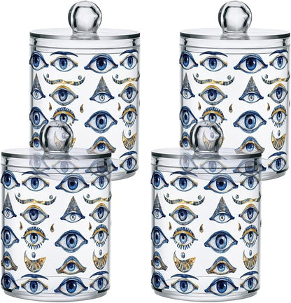 Magical Evil Eye Qtip Holder Dispenser Celestial Suns Moons Stars Bathroom Canister Storage Organization 2 Pack Clear Plastic Apothecary Jars with Lids Vanity Makeup Organizer For Cotton Swab Ball F