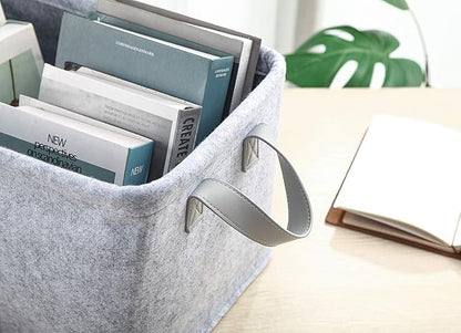 Collapsible Storage Bins Foldable Felt Fabric Storage Basket Organizer Boxes Containers with Handles PU Handles for Nursery Toys,Kids Room,Clothes,Towels,Magazine (PU-Light grey, 15.9L×11W×9.8H)