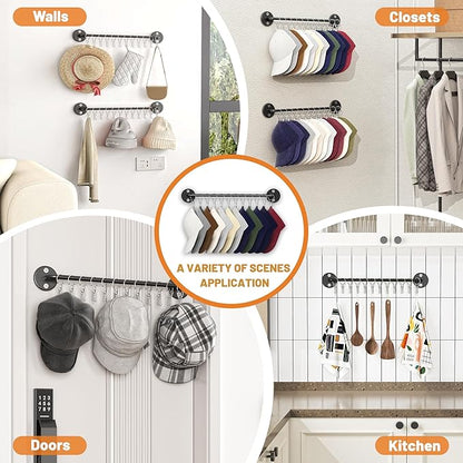 2 Pack Metal Hat Organizer for Baseball Caps with 12 Large Clips, Wall-mounted Hat Rack Holds up to 24 Hats, Hats Hanger Holder for Closet Wall Storage, Fits All Caps Display-Black