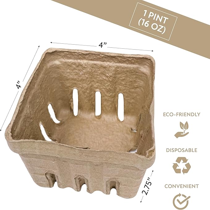 15 Pack Natural Berry Basket 1 Pint, Pulp Fiber Vented Produce Containers Farmers Market Basket, Fruit & Vegetable Containers