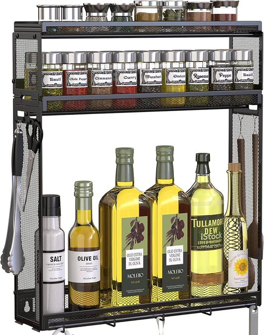 Docnest 3 Tier Wall Mounted Spice Rack with 9 Hooks, Metal Kitchen Organizer for Jars & Seasonings, Space Saving Shelf with 2 Installation Ways (Screw/Adhesive), Black