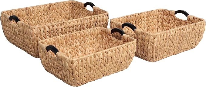 happimess BSK2020A-3SET Astor Bohemian Farmhouse Handwoven Water Hyacinth Nesting Storage Baskets with Wood Handles, Seagrass Containers for Decoration in Living Room, Bedroom, Natural (Set of 3)