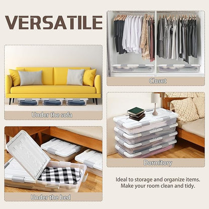 Beeveer 4 Pcs Plastic Under Bed Storage Container with Double Opening Lid Wheel Handle, Transparent Large Capacity Stackable Latching Festival Storage Bin for Closet Bedroom, 31.5x15.8x5.2 In(White)