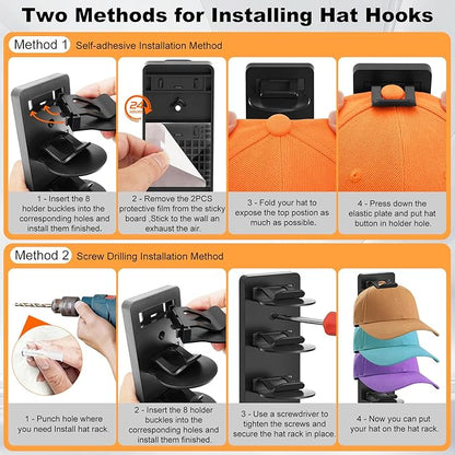 1 Pack Hat Organizer for Baseball Caps, Hat Rack for Wall, Strong Adhesive & Screw-in Cap Holder hat hangers for Closet Door & Bedroom
