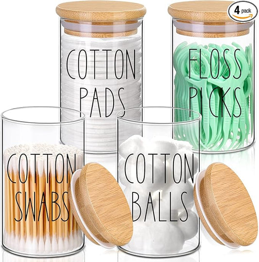 ROADPLUM Qtip Holder Bathroom Set, 4 Pack 10 oz Glass Bathroom Jars with Lid, Glass Organizers/Canisters/Apothecary Jars for Q-tip, Cotton Ball, Floss Pick and Makeup Storage