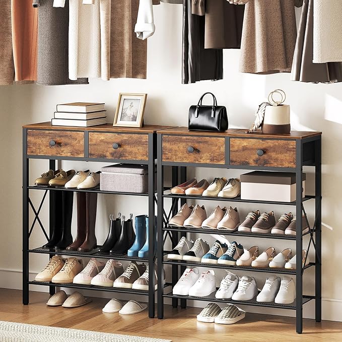YATINEY 5 Tier Shoe Rack, Large Capacity Shoe Storage Organizer, Metal Shoe Shelf with Drawer and Wooden Top, for 20 Pairs of Shoes, for Entryway, Closet, Rustic Brown and Black SS25BRY1N1