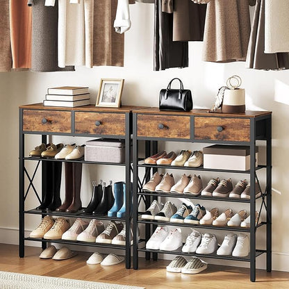 YATINEY 5 Tier Shoe Rack, Large Capacity Shoe Storage Organizer, Metal Shoe Shelf with Drawer and Wooden Top, for 20 Pairs of Shoes, for Entryway, Closet, Rustic Brown and Black SS25BRY1N1