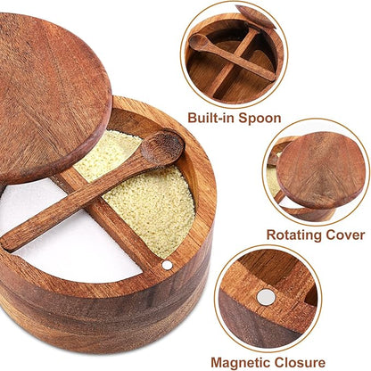 Acacia Wood Salt and Pepper Bowl, Nature Wood Salt Cellar and Spices Storage Box With Built-in Spoon and Magnetic Swivel Lid (Two Compartments 12 oz)