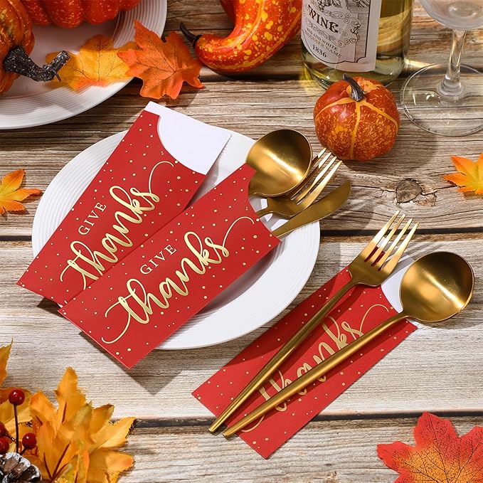 Eaasty 100 Pcs Thanksgiving Utensil Holder, Gold Foil Give Thanks Silverware Bag Disposable Silverware Sleeves Cutlery Holder for Thanksgiving Table Decoration Fall Harvest Party Supplies(Dark Red)