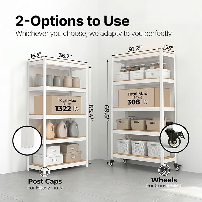 HOMEDANT House 36.2" W 5 Tier Heavy Duty Garage Shelving Adjustable Metal Rack Storage Shelves Standing Shelf Unit Organizers Pantry Closet Office White 2Pack