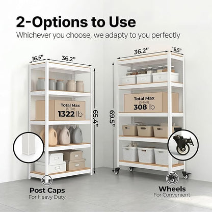 HOMEDANT House 36.2" W 5 Tier Heavy Duty Garage Shelving Adjustable Metal Rack Storage Shelves Standing Shelf Unit Organizers Pantry Closet Office White 2Pack