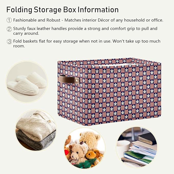 Large Storage Basket Usa Stars and Stripe Foldable Storage Box Organizer Bins with Handles for Bedroom Home Office