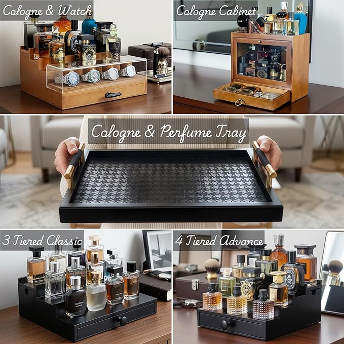Wooden Cologne Organizer for Men 3 Tier | White Perfume Holder Shelf for Dresser | High Grade Velvet Lining and Stylish Gift Box | Uncluttered Design Perfume Display Stand