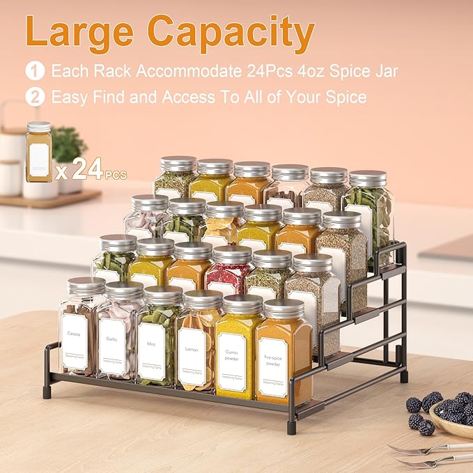 RUILALIFE 4-Tier-Spice-Rack-Organizer-for-Cabinet, Adjustable Depth Spice Holder Shelf For Countertop Pantry Cupboard, Metal Tiered Seasoning Organizer,Display Shelf Riser (Black-2 Pack)