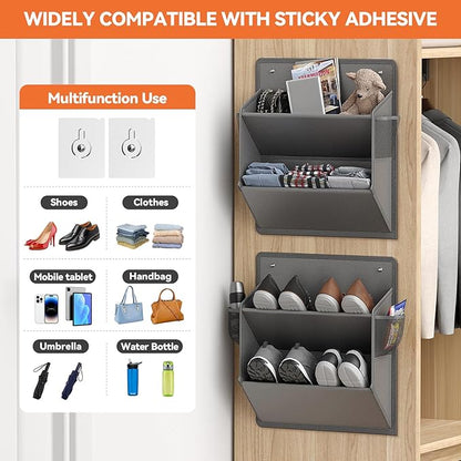 2 Pack RV Shoe Storage with Sticky Adhesive Tape, Over the Door Shoe Rack, Wall Hanging Shoe Organizer with Large Deep Pockets for Camper, Narrow Space Saving Closet Organizers - Grey