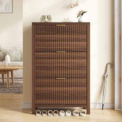 YOMILUVE Shoe Cabinet Storage for Entryway, Fluted Shoe Cabinet with 3 Flip Drawers, Hidden Shoe Rack Tall Freestanding Shoe Organizer with Legs for Hallway, Walnut
