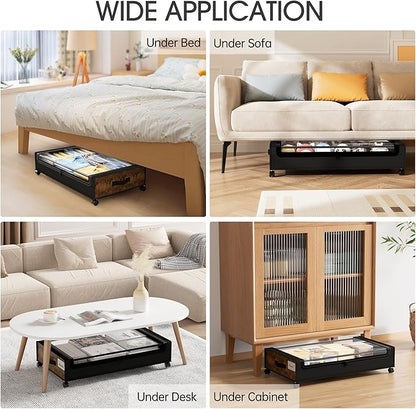Yecaye Under Bed Storage with Wheels, 2Pack Under Bed Storage Containers, Underbed Shoe Storage Organizer, Rolling Under Bed Metal Drawers for Clothes, Blankets, Brown