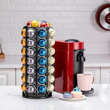 FlagShip Vertuo Pod Holder Carousel Stand for Nespresso Capsule Storage Organizer with Extra Space for Coffee Mate Silent Rolling (80+ Pod Storage)