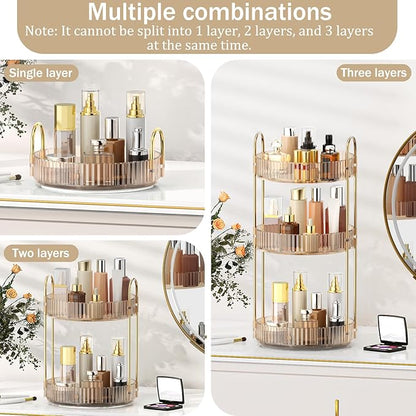 MOKANI 360 Rotating Makeup Organizer for Vanity, 3 Tier Adjustable Perfume Organizer for Dresser, Multi-Function Spinning Cosmetics Skincare Storage for Bedroom, Dresser, Countertop, Amber