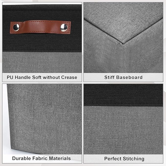 Bagnizer 13x13 Cube Storage Bins, Collapsible Fabric Storage Box, 4 Pack Closet Baskets with Handles for Organizing, Shelf, Toys, Clothes, Home, Office, Nursery (Grey&Black)