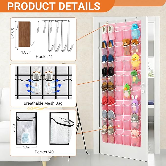 40-Pocket Over the Door Shoe Organizer - Large Mesh Pocket Hanging Shoe Organizer,Behind the Door Shoes Storage Holder Hanger (Pink-W)