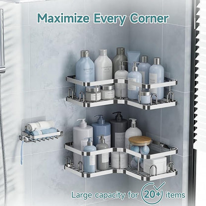Veken Corner Adhesive Shower Caddy 3-Pack with Soap Holder&Hooks,No Drilling Shower Shelves,Rustproof & Waterproof Bathroom Organizers and Storage,Rack for Small Spaces, Kitchen&Rental-Friendly,Silver