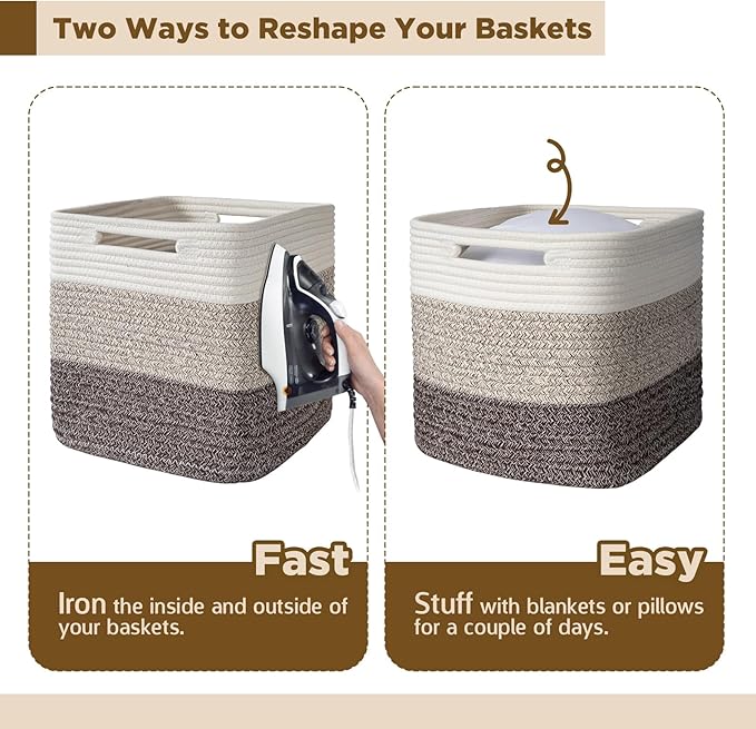 AELS Hand Woven Cotton Baskets for Storage, Cube Storage Bins with Handles, Foldable Collapsible Closet Organizers and Storage, Boho Farmhouse Storage Cubes for Shelves, Beige Mixed Khaki Coffee Brown