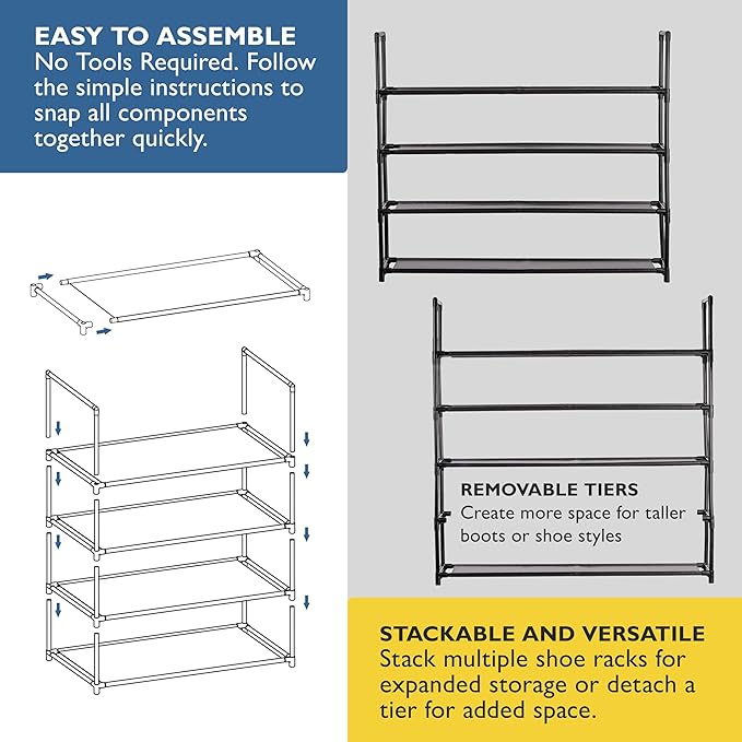 Sundaze Shoe Rack - 4 Tier Shoe Rack for Front Door Entrance, Sturdy Long Shoe Organizer for Closet, Bedroom, Entryway, Garage, Non Woven Fabric Shelf, Black, Holds Up to 20 Pairs