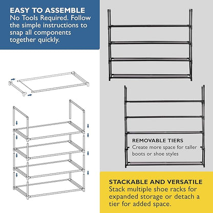 Sundaze Shoe Rack - 4 Tier Shoe Rack for Front Door Entrance, Sturdy Long Shoe Organizer for Closet, Bedroom, Entryway, Garage, Non Woven Fabric Shelf, Black, Holds Up to 20 Pairs