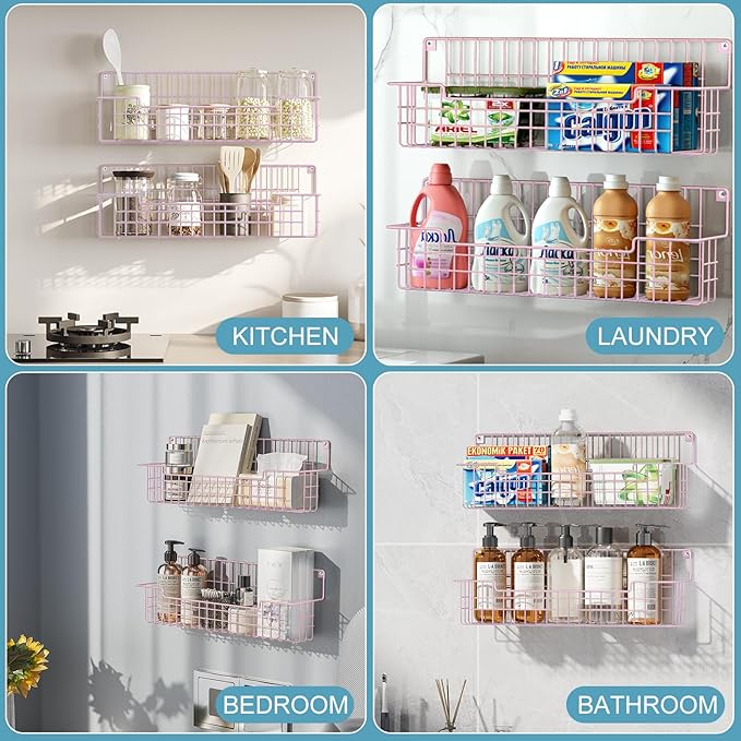 Spice Rack, 4-Pack Seasoning Organizer Wall Mounted for Kitchen Storage Organization, Metal Spice Holder Shelf for Cabinet, Pantry, Pink