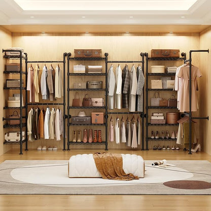 Wall Mounted Garment Rack, Walk-in Closet System with Expandable Rods, Adjustable Shelves, Industrial Pipe Clothing Racks, Hanging Clothes Organizers and Storage, Metal Closet Shelving Wardrobe