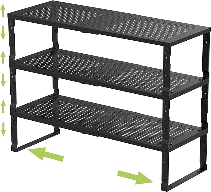 Jojocross Expandable Adjustable Stackable Kitchen Organizer, Spice Rack,Metal Pantry Storage Shelves Racks,Counter Shelf for Cabinets, Countertop, Cupboard (3 Packs/Large/Black)