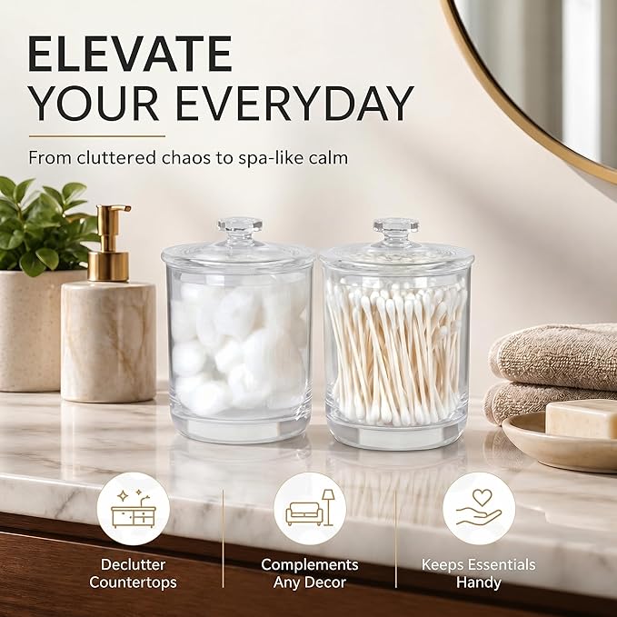 ForPro Clear Acrylic Apothecary Jars with Lids, Set of 2 Shatterproof Qtip Holder & Cotton Ball Container, 15 Oz Bathroom Vanity Organizer Canister for Kitchen & Office Decor, 4.5" x 3.5"