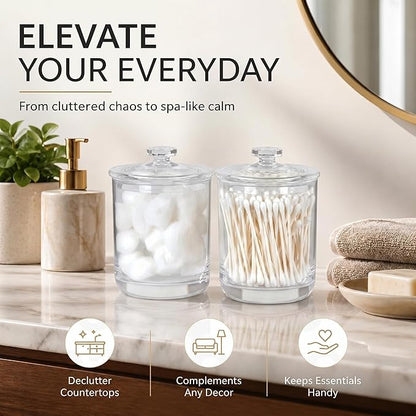 ForPro Clear Acrylic Apothecary Jars with Lids, Set of 2 Shatterproof Qtip Holder & Cotton Ball Container, 15 Oz Bathroom Vanity Organizer Canister for Kitchen & Office Decor, 4.5" x 3.5"