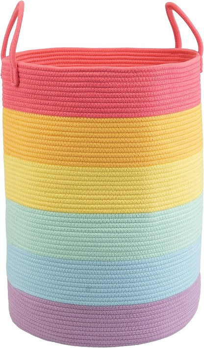 Woven Cotton Rope Laundry basket-16”X22” Laundry Hamper-Rope Storage Basket for Dirty Clothes, Toys and Blankets Perfect for Bathroom, Baby nursery and Living Room Storage (rainbow, Large)