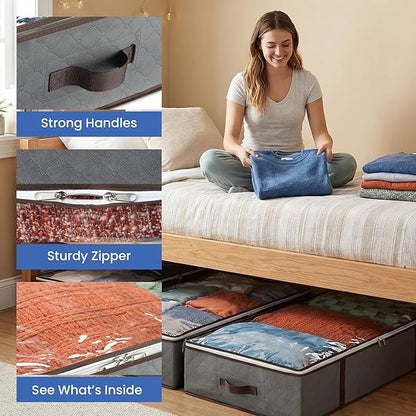 Underbed Storage Bags 4-Pack - Foldable Under Bed Storage Organizer for Clothes, Bedroom Blankets, Comforter, Pillows, Linen Sheets, Towels, Sweaters, Shoe Drawers - Ideal for College Dorms (Grey)