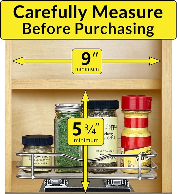 LYNK PROFESSIONAL® Pull Out Spice Organization for Cabinets - 8-3/8 inch Wide – Spice Rack for Inside Cabinets, Slide Out Spice Rack Organizer for cabinet – Pull Out Spice Rack, Sliding 1 Tier Chrome