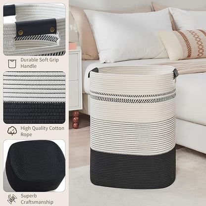 AINUOQI Laundry Basket with Handles - Blanket Basket & Hampers for Bedroom Aesthetic, Laundry Hamper & Blanket Storage for Living Room, Clothes Hamper, Tall, Large 17" x 14" x 22”, Black & White