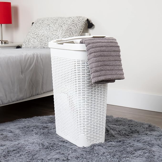 Mind Reader Slim Laundry Hamper with Lid, 40L Clothes Basket, Narrow Tapered Design with Ventilated Cutout Pattern, Plastic, Set of 2, White