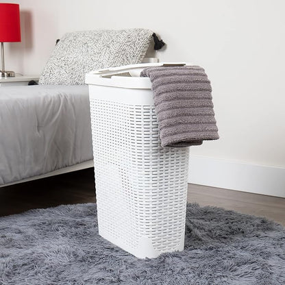 Mind Reader Slim Laundry Hamper with Lid, 40L Clothes Basket, Narrow Tapered Design with Ventilated Cutout Pattern, Plastic, Set of 2, White