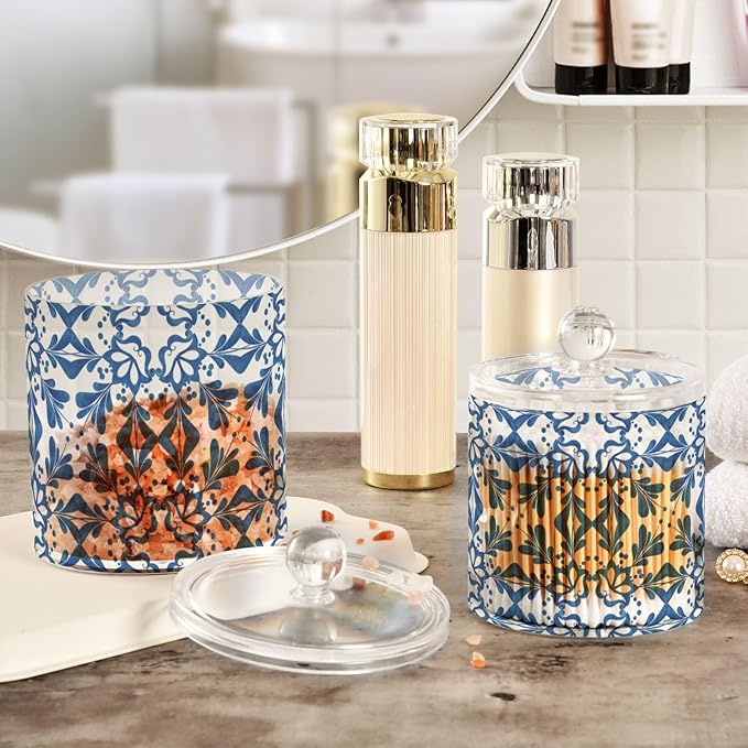 2 Pack Qtip Dispenser Apothecary Jars with Lids Cotton Round Holder Bathroom Canisters for Cotton Swab Floss Ball Pads Clear Plastic Decorative Blue Tiles