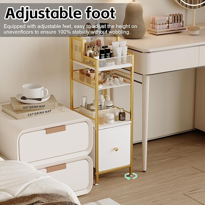 Makeup Organizer Storage Cart with Drawers, Large Floor Makeup Skincare Organizers, Rolling Makeup Cart Vanity Organizer Cosmetics Display Cases Holder for Nail Polish Brush Hair Tool（Gold）