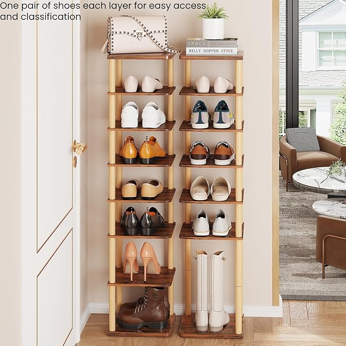 LUCKNOCK Vertical Shoe Rack, 8-Tier Tall Narrow Shoe Organizer for Entryway, Closet, Dorm & Small Spaces, Freestanding Wooden Shoe Shelf Tower for Boots, Sneakers, Heels. (Rustic Brown)