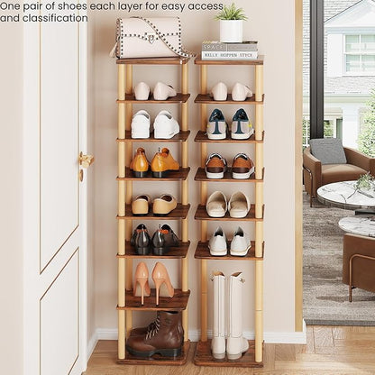 LUCKNOCK Vertical Shoe Rack, 8-Tier Tall Narrow Shoe Organizer for Entryway, Closet, Dorm & Small Spaces, Freestanding Wooden Shoe Shelf Tower for Boots, Sneakers, Heels. (Rustic Brown)