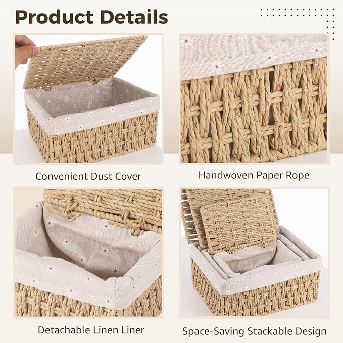 3PCS Small Wicker Basket With Lid and Liner, Handmade Rectangular Paper Rope Square Wicker Basket for Bedroom, Living Room, Desk, Cabinet Organization, Decorative Boxes Boho Decor