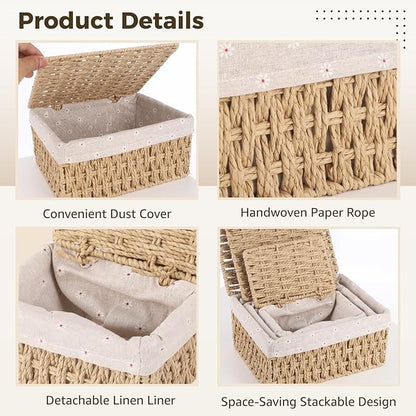 3PCS Small Wicker Basket With Lid and Liner, Handmade Rectangular Paper Rope Square Wicker Basket for Bedroom, Living Room, Desk, Cabinet Organization, Decorative Boxes Boho Decor